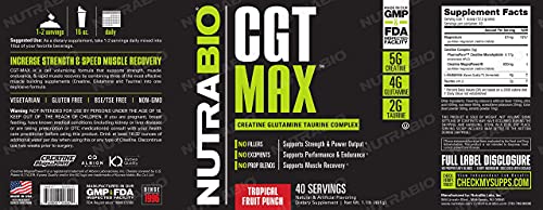 NutraBio CGT-MAX Powder- Creatine, Glutamine and Taurine to Support Muscle Recovery and Strength - 40 Servings - Tropical Fruit Punch