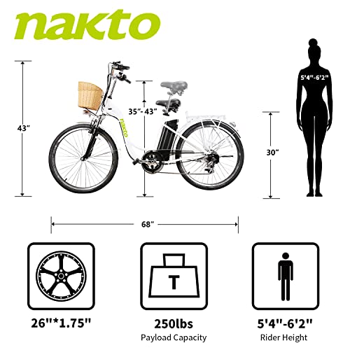 NAKTO Electric Bike Electric City Bike 350W Ebike 26'' Electric Bicycle, 25MPH Adults Ebike with Removable 36V10.4Ah Battery, Professional 6 Speed Gears (White, 350w Women)
