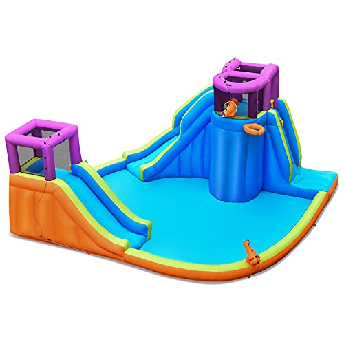 HONEY JOY Inflatable Water Slides for Kids, Giant Splash n Slide Water Castle w/Climbing Wall & Long Slide, Splash Pool w/Water Guns, Indoor Outdoor Blow Up Water Park for Backyard(Without Blower)