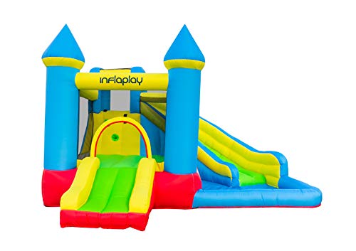 INFLAPLAY Bounce House with Water Slide - Heavy Duty Inflatable Jumping Area with Splash Pool, Climbing Wall, Sprinkler - Playset with Blower, Ground Stakes, Repair Kit, Carrying Bag