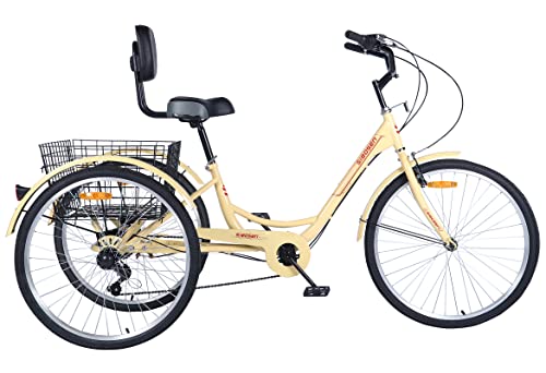 Ey Easygo Adult Tricycle, 3 Wheel Bike Adult, Three Wheel Cruiser Bike 24 inch 26 inch Wheels Option, 7 Speed, Wide Handlebar, Pedal Forward for More Space, Yellow