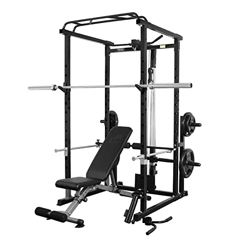 RitFit Garage & Home Gym Package Includes Optional 1000LBS Power Cage with LAT Pull Down,Weight Bench, Barbell Set with Olympic Barbell (Package 1.2K (Rubber Plate 140LBS))-Black