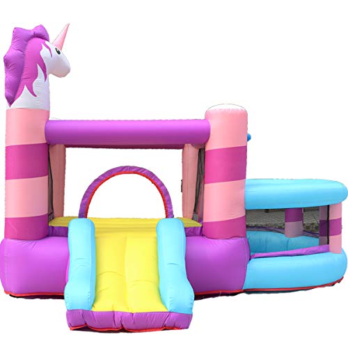 MEIOUKA Kids Inflatable Bounce House Castle with Slide 350W Blower Ball Rim Pit Cartoon Blow up Jump Bouncy Houses for Kids Girls Toddlers Indoor Outdoor Inflatable Bouncer House Party Yard Toys