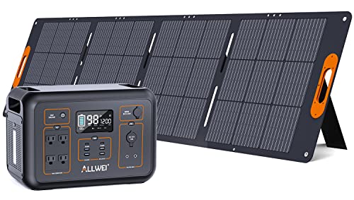 ALLWEI Portable Power Station 1200W(2400W Peak) with 1* 200W Solar Panel, 1132Wh Solar Generator with 6 USB Outlet PD60W, 4 AC Outlet, Home Battery Backup for RV Camping Outdoor Emergency Power Outage