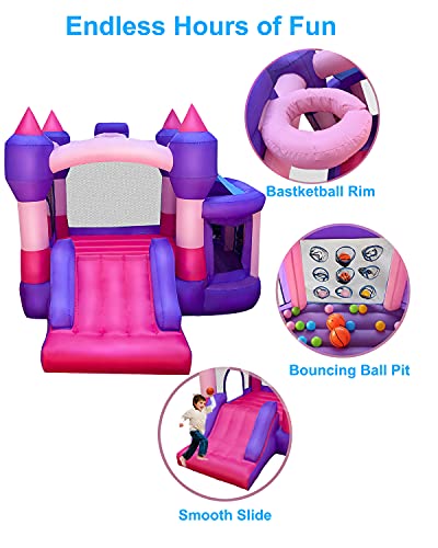 RETRO JUMP Kids Bounce House, Princess Bouncy House for Kids Indoor, Inflatable Bounce House with Blower, Bouncing Ball Pit & Basketball Rim, Ocean Balls, Stakes, Repair Kits, Storage Bag Included