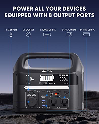 Portable Power Station for Camping 300W 299Wh LiFePO4 Battery Powered Generator, 2 Up to 300W AC Outlets 100W USB C and PD Total 8 Output Ports, Home Battery Backup for Outdoor 93600mAh with LED Light