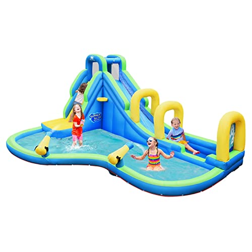 BOUNTECH Inflatable Water Slide, 5 in 1 Water Slides for Kids Backyard w/Climbing Wall, Splashing Water Pool, Water Cannon, Basketball Scoop, Indoor Outdoor Water Park w/Accessories (Without Blower)