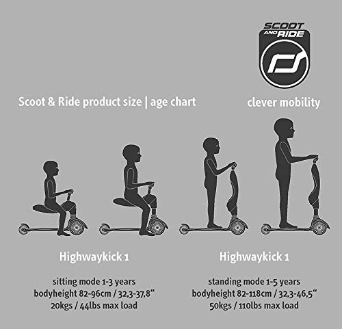 Scoot & Ride - Highwaykick 1 Children Adjustable Seated or Standing 2-in-1 Scooter Including Safety Pads (Rose) - for Ages 1-5