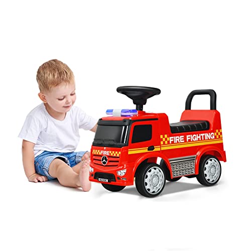 OLAKIDS Kids Push and Ride Racer, Licensed Mercedes Benz Foot-to-Floor Sliding Fire Truck with Horn, Headlights, Under Seat Storage, Ride On Toy Car Walker Gift for Toddlers Ages 1.5-3 Boys Girls