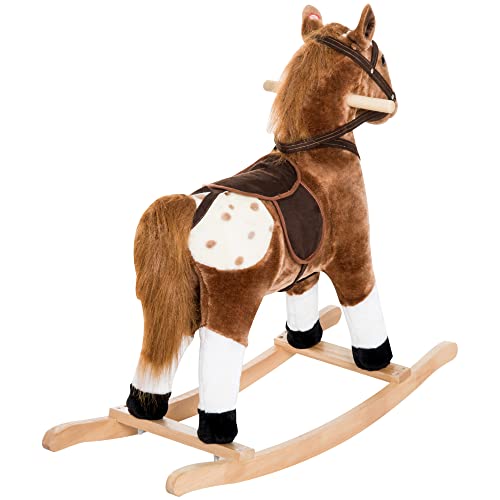 Qaba Kids Rocking Horse Plush Ride On Toy Toddler Rocker for Boys Girls Gifts with Realistic Sounds, Brown