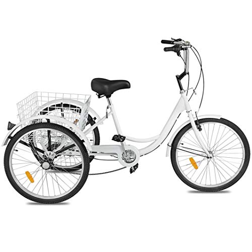 Adult Tricycle Bikes 24"/20" with Basket, 3 Wheels Cruise Trike, 1/7 Speed 3-Wheel for Shopping, with Installation Tools, Comfortable Bicycles, for Men and Women, Load Capacity 330 lbs (White-24“)
