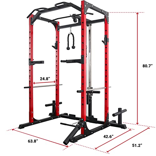Mikolo Power Cage with LAT Pulldown System, 1200LBS Capacity Power Rack, Multi-Functional Squat Rack with 13-Level Adjustable Height and J-Hooks, Dip Bars, T-Bar (2022 Version-Red)