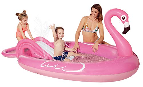 Posch Sports 3-in-1 Flamingo Inflatable Kiddie Pool 96.5" X 62" X 37"& Water Slide & Splash Sprayer Sprinkler for Babies and Toddlers, Outdoor Backyard Summer Swimming Pool