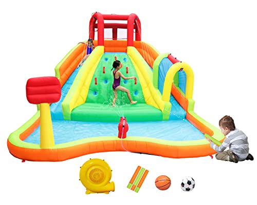 WELLFUNTIME Inflatable Water Slide Adventure Water Park Game Center with Arched Water Gun Spray, Water Slide with Air Blower