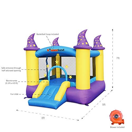 Wizard Inflatable Bounce House Bouncer, Spacious Bouncing Area with Fun Slide, Safe hook-and-loop fastener Entrance, Basketball Hoop, Fun Party Wizard Castle Theme, Inflated Size: 9 ft x 8 ft x 7 ft H