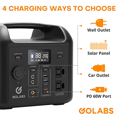 GOLABS R300 Portable Power Station, 299Wh LiFePO4 Battery Backup with 300W Pure Sine Wave AC Peak 500W, Car Outlets, PD 60W Quick in/out Solar Generator for Outdoor Camping Emergency CPAP Orange