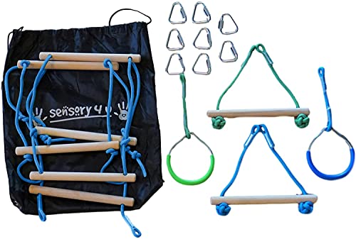 SENSORY4U Quality Indoor Outdoor Sensory Gym Obstacle Course Accessories - 5 Pc Set Includes Rope Ladder, Rings, Swing Trapeze Monkey Bars - Great Additions for Your Ninja Warrior Slackline