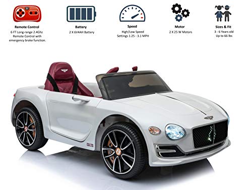 Rock Wheels Licensed Bentley EXP12 Kids Ride on Toy Car, 12V Battery Powered Children Electric 4 Wheels w/Parent Remote Control, Foot Pedal, 2 Speeds, Music, Aux, LED Headlights (White)