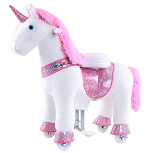 WondeRides Ride on Unicorn Toy Rocking Horse Pink Unicorn, 30.1 inch Height Size 3 for 3 to 5 Years Old, Ride on Horse Plush Walking Animal Mechanical Riding Pony with Wheels, No Battery Electricity