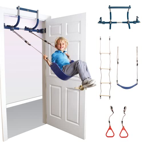 Gym1 - Deluxe Indoor Doorway Gym for Kids Playground Set - All in One Gym Set - Four Ways of Fun: Blue Indoor Swing, Plastic Rings, Climbing Ladder, and Pull Up Bar