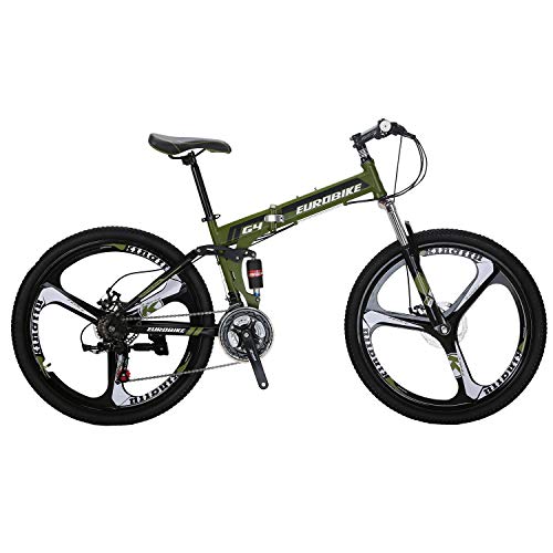 Folding Mountain Bike for Adults 26 Inch Wheels 21 Speed Dual Disc Brakes Full Suspension Foldable Bikes Mens Bicycle (3-Spoke Green)