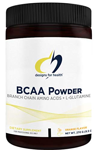 Designs for Health BCAA Powder with L-Glutamine - Branched Chain Amino Acids Powder + L-Glutamine Supplement to Support Muscles + Workouts - Orange Flavored Drink Mix (30 Servings / 270g)