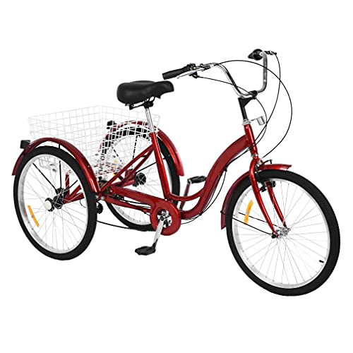 Ongmies Adult Tricycle Bikes 24" with Basket, 3 Wheels Cruise Trike, 1/7 Speed 3-Wheel for Shopping, with Installation Tools, Comfortable Bicycles, for Men and Women, load capacity 330 lbs (Retro Red)