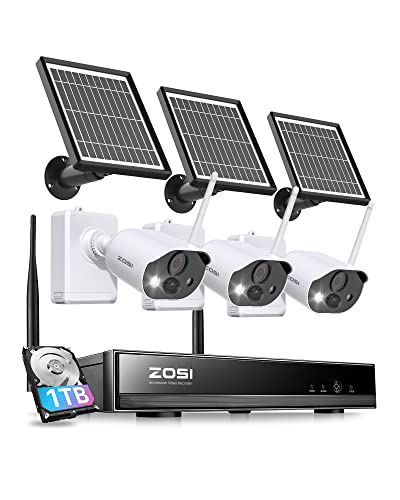 ZOSI C306PK 8CH 2K 3MP Solar Powered Wireless Security Camera System, 3 x Outdoor Battery Camera with Color Night Vision, Spotlight, 2-Way Talk, Light & Siren Alarm, 1TB HDD for 24/7 Recording