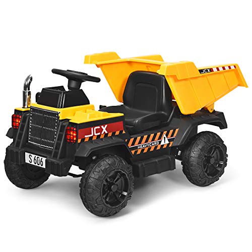 Costzon Ride on Car, 12V Dump Truck with Remote Control, Electric Dump Bed, Music, Horn, USB, AUX, Treaded Tires, Shovel, 3 Speeds, Battery Powered Construction Vehicle, Electric Car for Kids