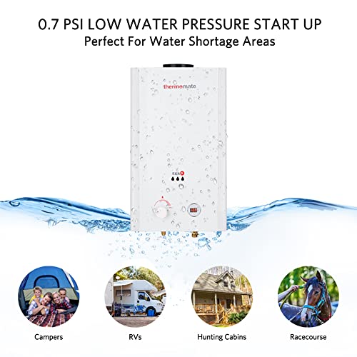 thermomate 10L Outdoor Water Heater, 2.64 GPM Propane Gas Water Heater with Overheating Protection, RV Camping Tankless Water Heater, 0.7PSI Low Pressure Startup White