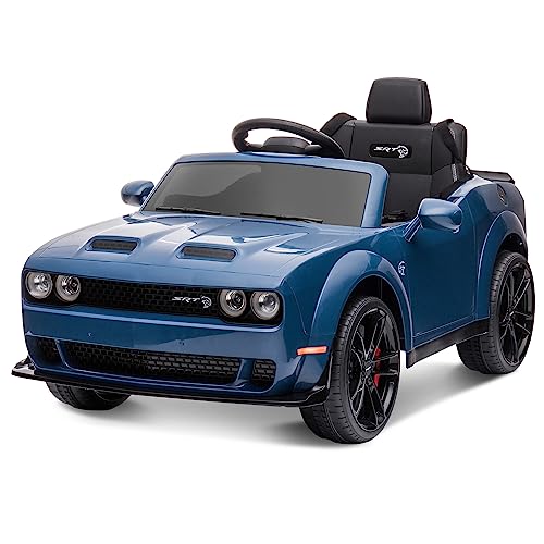 ENYOPRO Kids Electric Car, Licensed Dodge Challenger Ride on Car, 12V7Ah Battery Powered Electric Vehicle Kids Ride on Toys with Remote Control, 3 Speeds, LED Headlights, Bluetooth, Music (Blue)