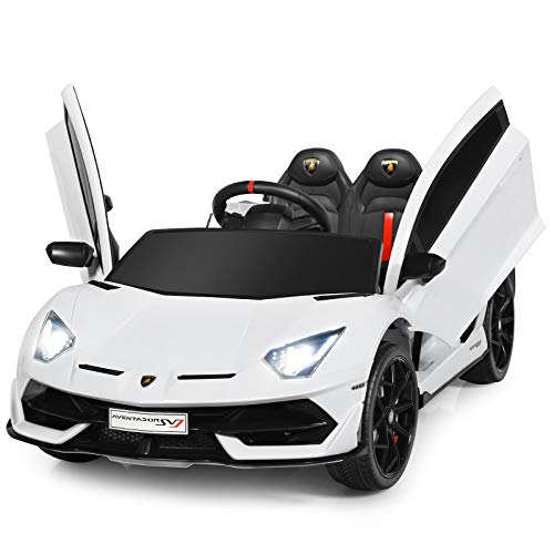 Costzon Ride on Car, Licensed Lamborghini SVJ,12V Battery Powered Car w/ 2.4G Remote Control, 3 Speeds, LED Light, Horn, Music,USB/TF/MP3, Spring Suspension, Electric Vehicle for Kids, White