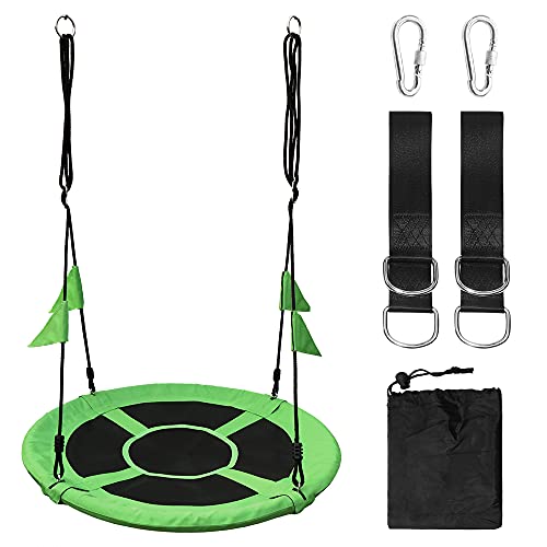 40 Inch Flying Saucer Tree Swing with Straps Flags for Kids, Outdoor Round Swing seat 2 Added Hanging Straps Adjustable Multi-Strand Ropes