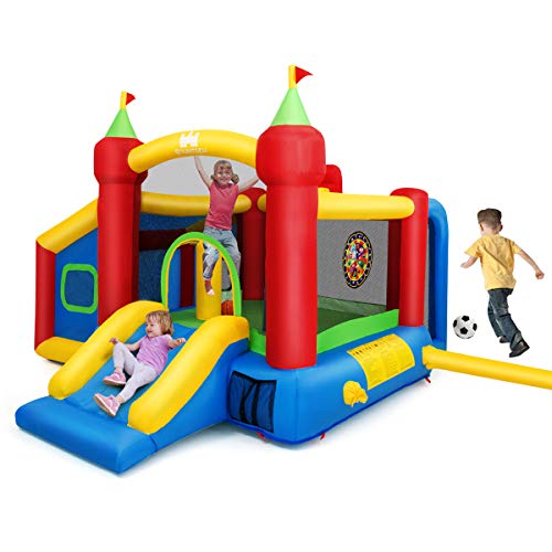 Costzon Inflatable Bounce House, 7-in-1 Kids Bouncy Castle with Slide, Football & 100 Ocean Balls, Basketball Rim, Bounce House for Toddlers Including Carry Bag, Hand Pump, Stakes (Without Blower)