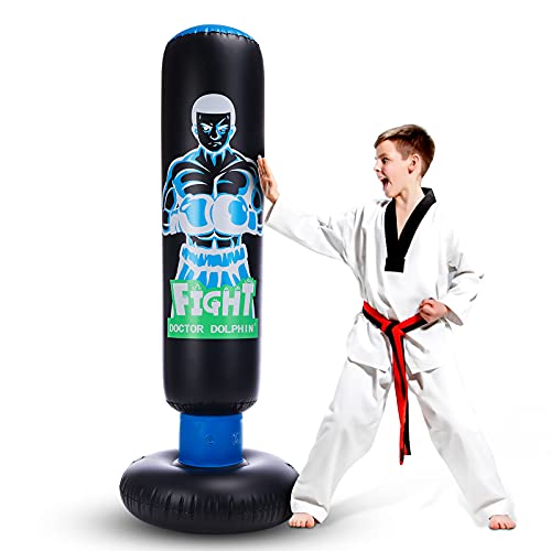 Inflatable Kids Punching Bag with Stand 63 inch with Stand Freestanding Punching Bag with Bounce Back Tall 63 inch Fitness Boxing Bag for Practice Kickboxing Taekwondo MMA Karate for Kids and Adults