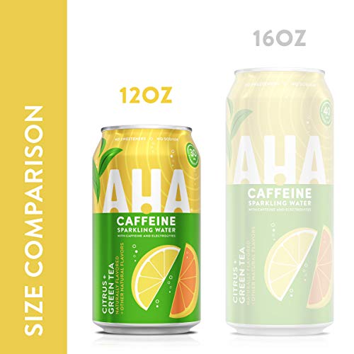 AHA Sparkling Water, Citrus + Green Tea Flavored Water, with Caffeine & Electrolytes, Zero Calories, Sodium Free, No Sweeteners, 12 fl oz, 8 Pack