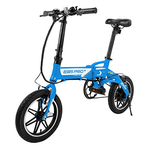 Swagtron Swagcycle EB-5 PLUS Folding Electric Bike with Pedals and Removable Battery, Blue, 14" Wheels