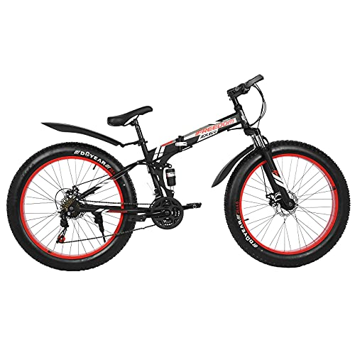 26 Inch 21 Speed Folding Fat Tire Mountain Bike, Snow Bicycle with Full Suspension & Dual Disc Brakes, Non-Slip Adult Mountain Bikes High-Carbon Steel Fat Tire Mountain Bike for Men & Women