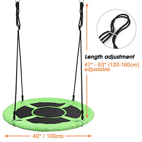 Odoland 40 inch Kids Saucer Tree Swing, Large Outdoor Chidren Round Rope Swing Installed on Tree and Backyard, Big Flying Saucer Platform Swing 660lb Weight Capacity Great for 3 Kids and 1 Adult Green