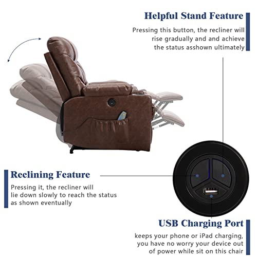 Power Lift Recliner Chairs for Elderly with Massage & Heating, Leather Sleeper Chair Sofa Recliners for Living Room, Comfy Home Theater Seat Infinite Position/Cup Holders/USB Port/Free Pillow