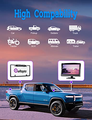 eRapta Backup Camera System 1080P with Stainless Steel License Plate Frame 5.0 Inch Monitor 170° Wide IR Night Vision IP69 Waterproof Rear View Reversing Camera for Automotive Car Truck SUV RV (EM43)