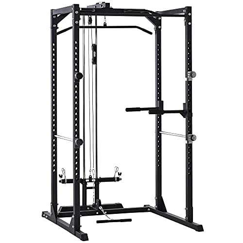 Soozier Multi-Function Power Cage, Health & Fitness Weightlifting Squat Rack, Optional Exercise Workout Station w/Pull-Down Pulley System for Home Gym