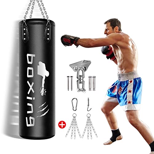 Heavy Boxing Bag for Adults & Youth, Non Tear Leather Boxing Equipment, Adjustable Wall Bracket Ceiling Hook Chain, 4ft Workout MMA 200 Pound Boxing Bag for Kickboxing(Unfilled)