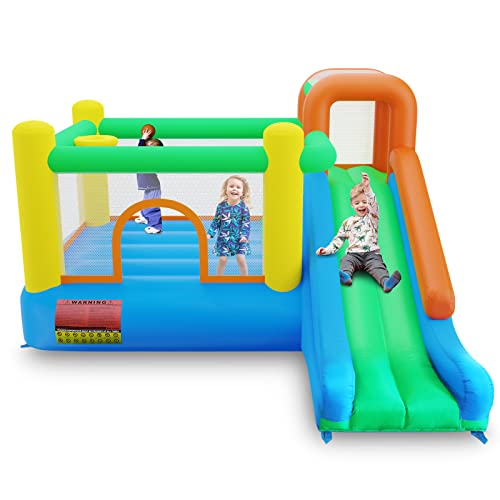 Amictoy Inflatable Bounce House with Long Slide, Large Bouncing Area, Basketball Hoop, Kids Jumping Castle Slide Bouncer for Backyards, Indoors and More Without Blower