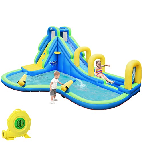 HONEY JOY Inflatable Water Slides, 5 in 1 Kids Castle Bouncy House w/2 Water Cannons & Hose, Long Slides w/Arch, Climbing Wall & Splash Pool, Outdoor Blow Up Water Park for Backyard(with 750w Blower)