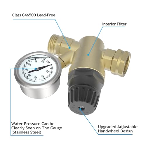 DIVANC RV Water Pressure Regulator Valve, Brass Lead-Free Adjustable Water Pressure Reducer with Gauge and Inlet Screen Filter for RV Camper Travel Trailer, Reducer Valve Filter