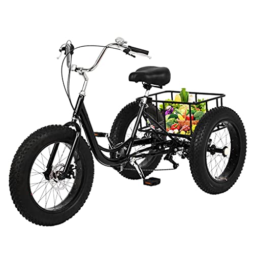 Ongmies Adult Tricycle Cruise Bikes 24" with Basket, 3 Wheels Trike, 1/7 Speed 3-Wheel for Shopping, with Installation Tools, Comfortable Bicycles, for Men and Women, Load Capacity 330 lbs (Dark-20)