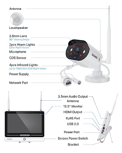ZOSI 2K 8CH All in one Wireless Security Camera System with 12.5 inch LCD Monitor,4pcs 3MP WiFi IP Spotlight Cameras Outdoor Indoor,Color Night Vision,2 Way Audio,1TB HDD for Home 24/7 Recording