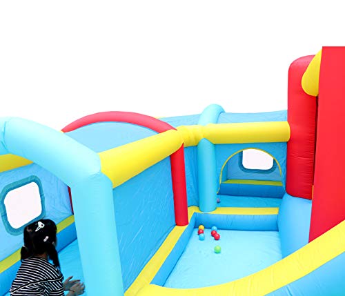 WELLFUNTIME Inflatable Bounce House with Slide, Jumping Castle with Blower and Wave Pool, Basketball Rim, Long Tunnel