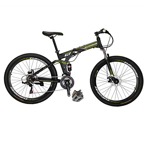 Eurobike G7 Folding Mountain Bikes 27.5 Inches Regular Spoke Wheels 21 Speed Dual Suspension Folding Bicycle Green
